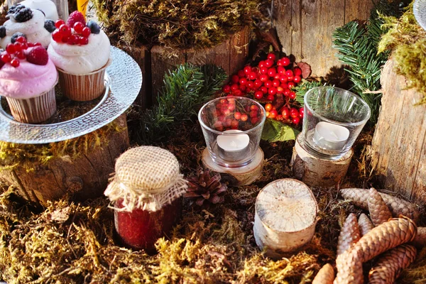 Forest Candy bar, decorated with fresh berries delicious cakes. decorations for weddings forest.