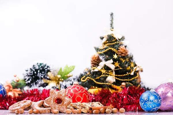 Christmas theme of cookies, christmas balls and decorations.