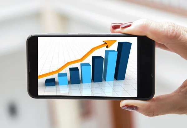 Mobile concept statistics: woman hands holding a mobile screen w