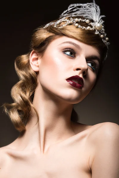 Portrait of elegant retro woman with beautiful hair and dark lips. Beauty face.