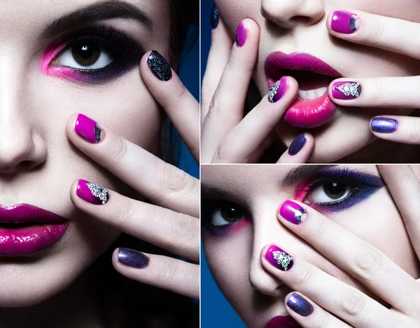 Beautiful girl with bright creative fashion makeup and colorful nail polish. Art beauty design. collage.
