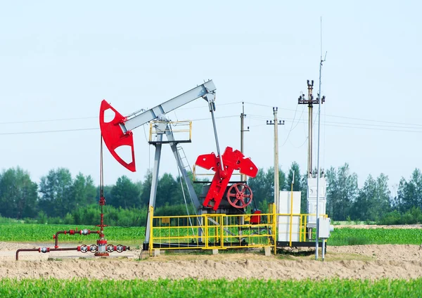 Old oil pumpjack on the summer field.