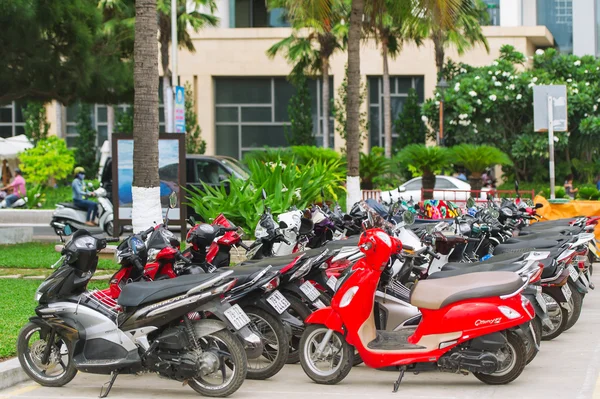Rows of motorbikes parked outside a public building in Nha Trang.