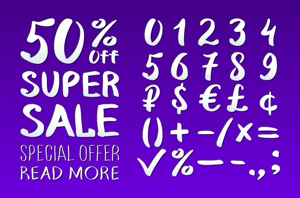 Numbers 0-9 written with a brush on a violet background lettering. Super Sale. Big sale. Sale tag. Sale poster. Sale vector. Super Sale and special offer. 50% off. Vector illustration.