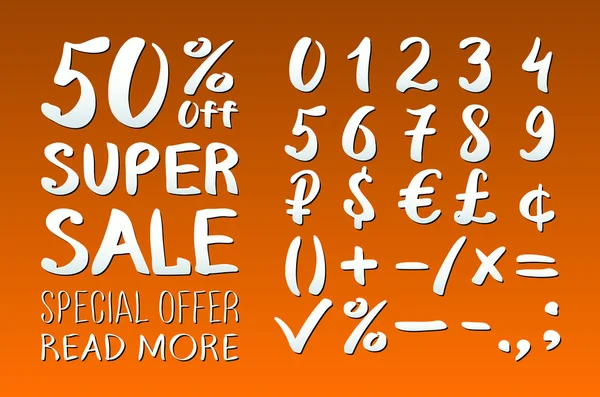 Numbers 0-9 written with a brush on a orange background lettering. Super Sale. Big sale. Sale tag. Sale poster. Sale vector. Super Sale and special offer. 50% off. Vector illustration.
