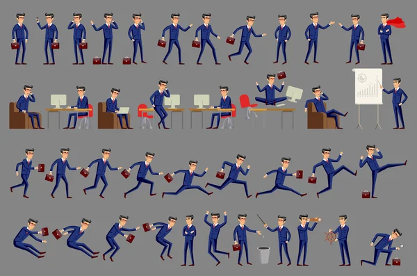 Set of business people. Large vector set of businessman character poses, gestures and actions. Office worker professional standing, walking, talking on phone, working, running, jumping, searching, and