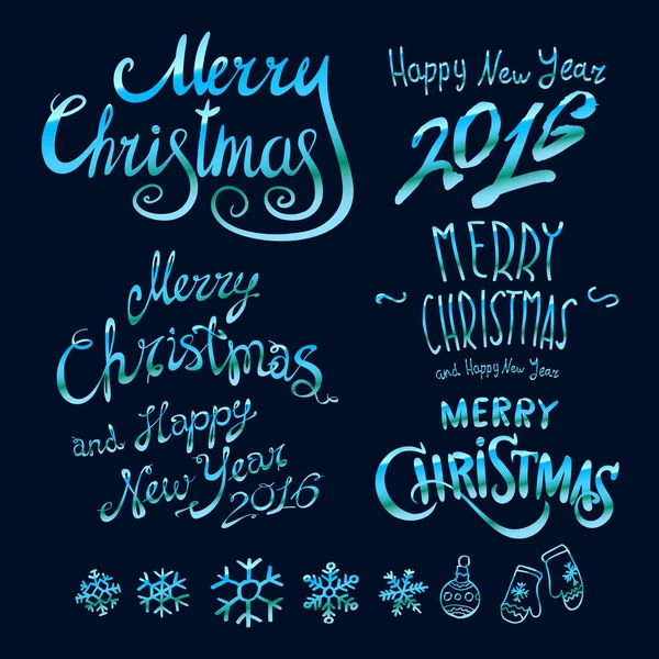 Colored chalk painted illustration with Christmas ball,  \'\'Merry Christmas & Happy New Year\'\' text  and set of different holiday objects with golden elements. Happy New 2016 Year Theme. Card design.