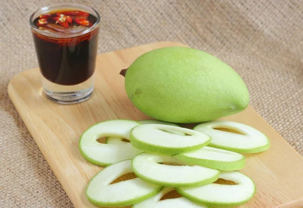 Mango slice on wood plate