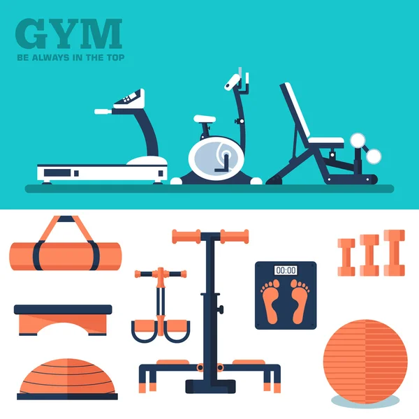 Fitness sport gym exercise equipment workout flat set concept.  Vector illustration for colorful template for you design, web a