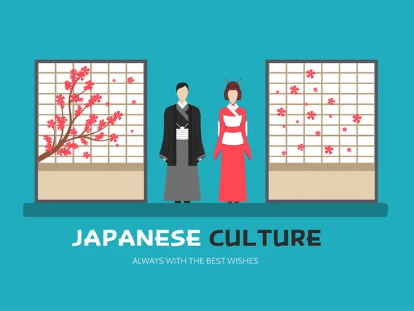 Japanese culture in flat design background concept. Japan married couple around shoji in traditional room. Icons for your product or illustration, web and mobile applications.