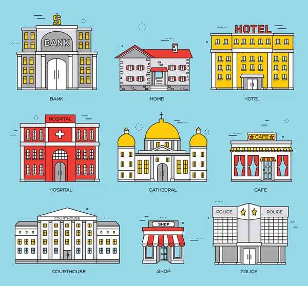 Thin lines colorful vector city buildings set. Icon background concept design. Architecture construction: courthouse, home, museum, skyscraper, hospital, hotel, opera, theater. Vector urban landscape