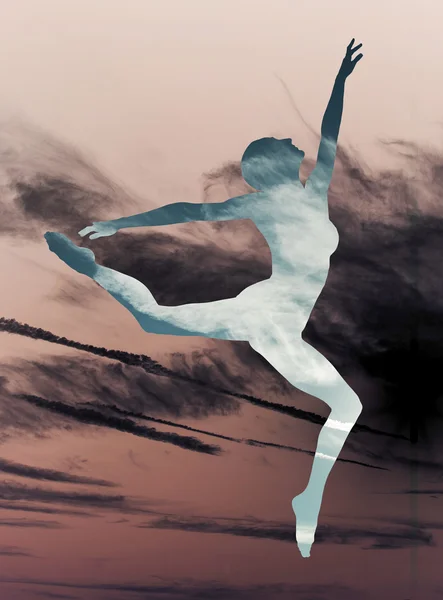 Double exposure of classical dancer and two-coloured sky