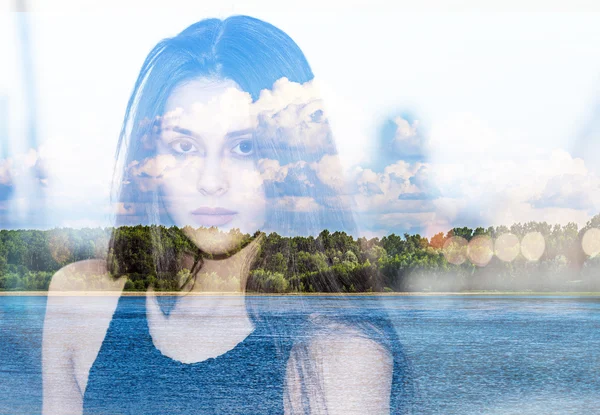 Double exposure of beautiful girl and lake landscape