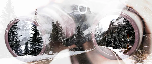 Double exposure of binoculars and winter landscape letterbox