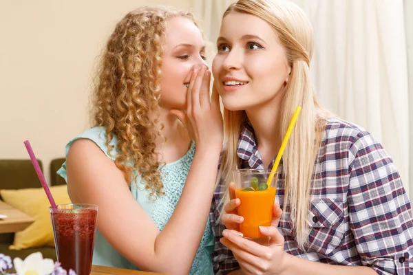 Girl telling secrets to her friend in cafe