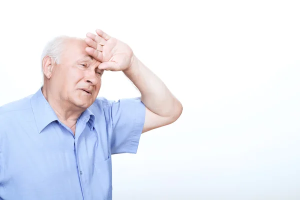 Grandfather holding hand on the forehead.