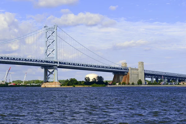 Benjamin Franklin Bridge, offically called the Ben Franklin Bridge, spanning the Delaware River joining Philadelphia, Pennsylvania and Camden, New Jersey carries both rail cars and motor vehicles