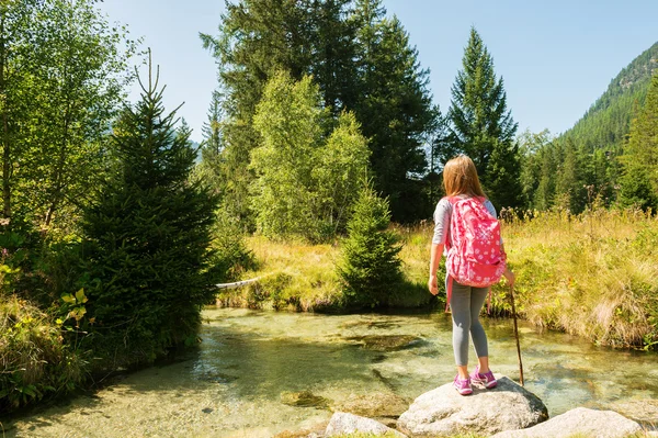 Cute little girl of 7-8 years old hiking in swiss Alps, resting by the river, wearing sport clothes, trainers and backpack, back view