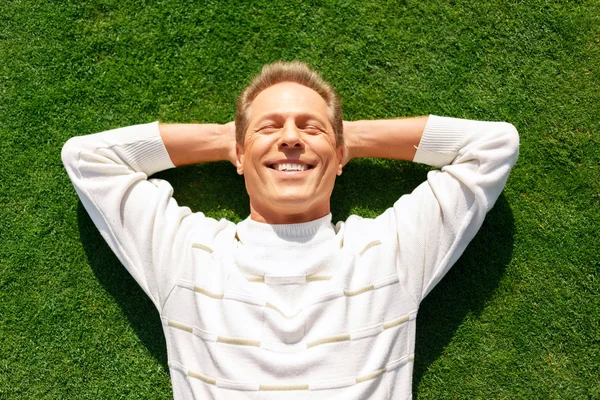Agreeable man lying on the grass