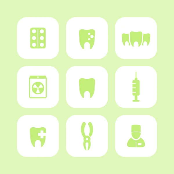 Teeth icons, dental health care, tooth cavity, dental pliers, toothcare, stomatology, flat rounded square icons set, vector