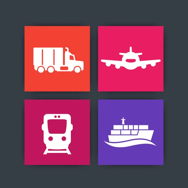 Transportation industry icons on squares, cargo train vector, air transportation, maritime transport, cargo truck icon,