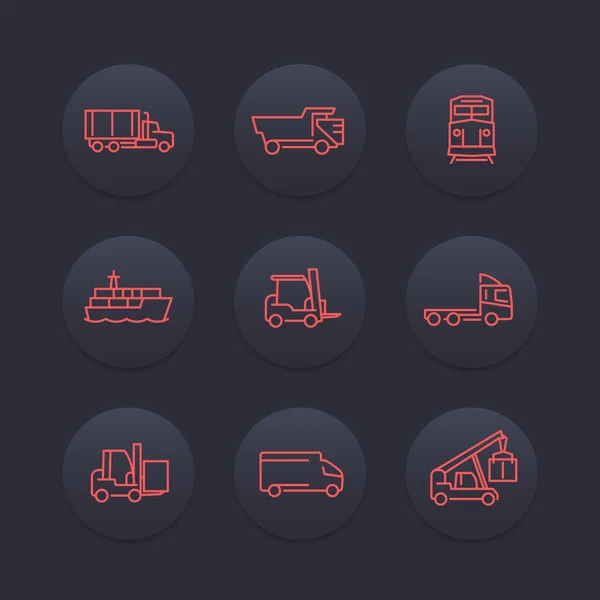 Transportation line icons, forklift, cargo ship, train, cargo truck icon, transit, transportation pictograms, dark set, vector illustration
