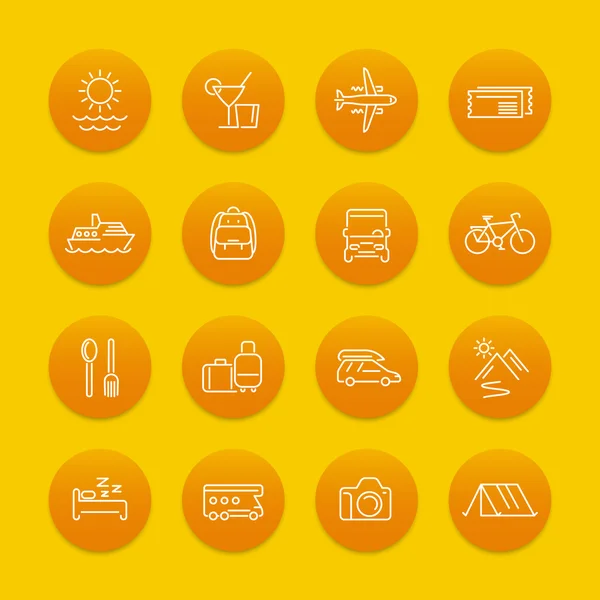Travel, tourism line icons, recreation, trip, tour, journey pictograms, round icons, vector illustration