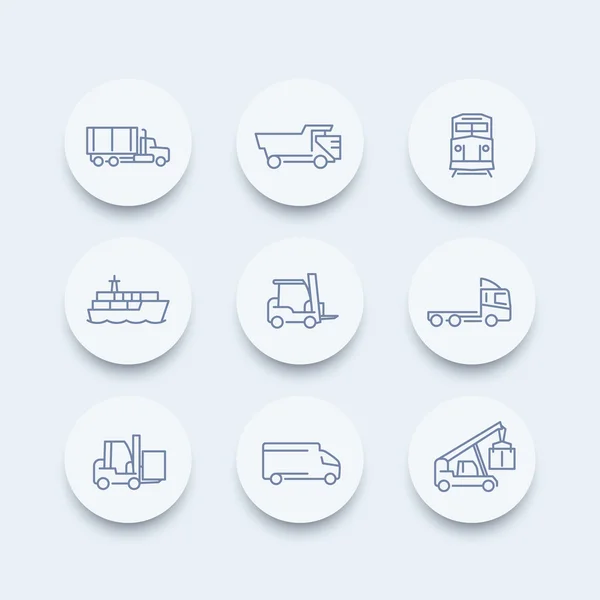 Transportation line icons, forklift, cargo ship, freight train, cargo truck round icon, transportation pictograms, vector illustration