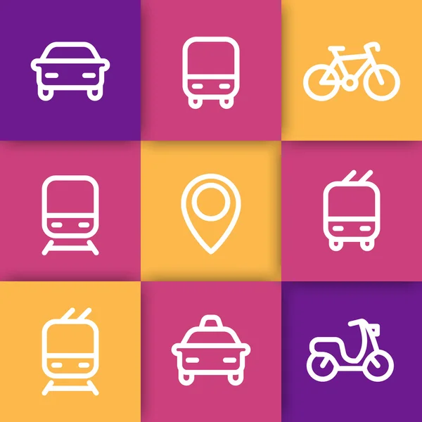 City and public transport icons set, public transportation signs, route, bus, subway, taxi, public transport pictograms, thick line icons, vector illustration