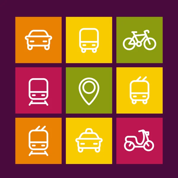 City and public transport icons set, public transportation vector signs, route, bus, subway, taxi, public transport pictograms, thick line icons on color squares, vector illustration