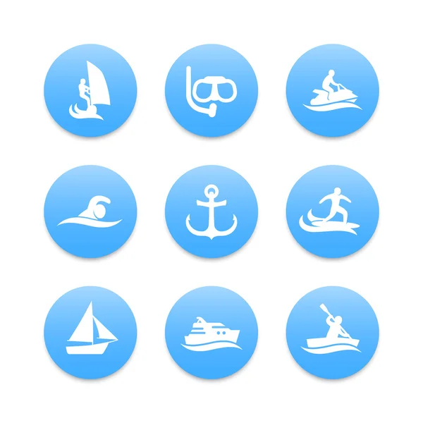 Water sports icons, diving, swimming, surfing, sailing, blue icons set, vector illustration