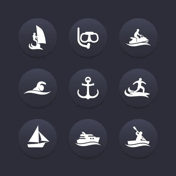 Water sports icons, diving, swimming, rowing, surfing, dark icons set, vector illustration