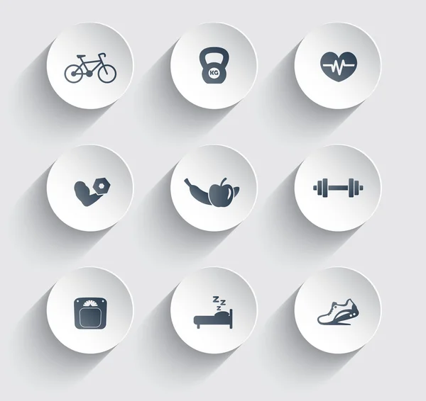 Fitness, health, gym trendy icons on circles with shadow