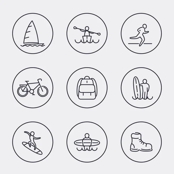 Travel, adventure, surfing, line round icons