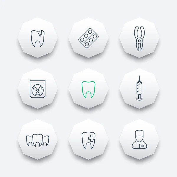 Tooth, dental care, dental pliers, toothcare, dentist, line octagon icons