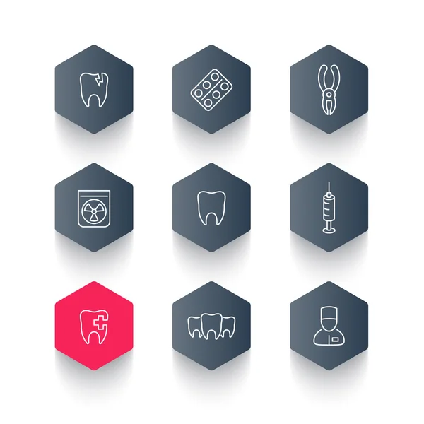 Tooth, dental care, dental pliers, toothcare, stomatology line hexagon icons, vector illustration