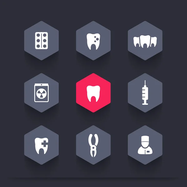 Teeth, dental care, tooth cavity, toothcare, stomatology, hexagon icons, vector illustration