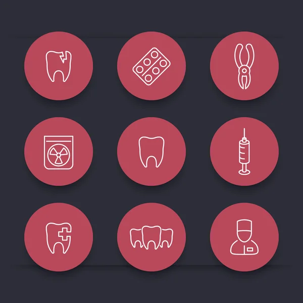 Tooth, dental care, stomatology, line round red icons, vector illustration