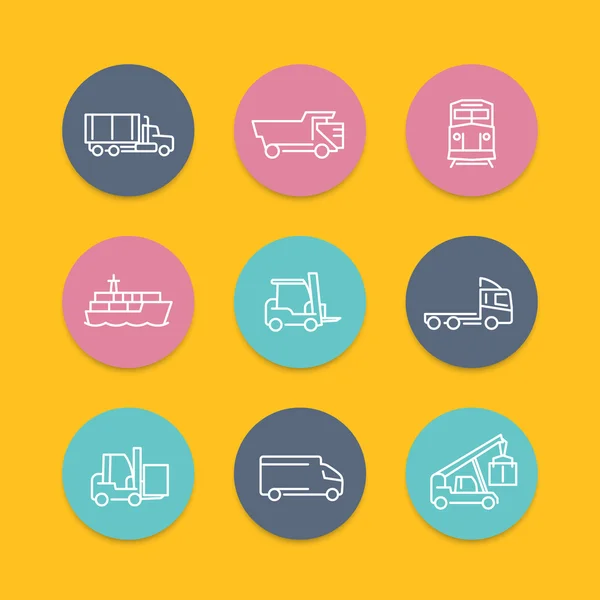 Transportation, line round flat icons, forklift, cargo ship, freight train, cargo truck, vector illustration