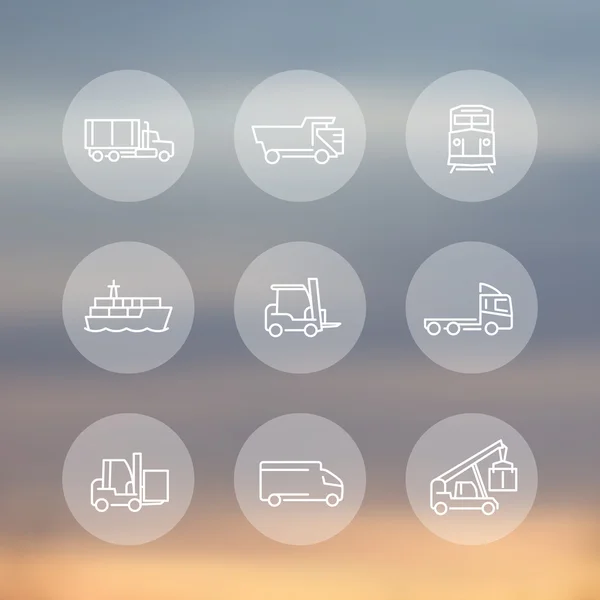 Transportation, line transparent round icons, forklift, cargo ship, freight train, kinds of transportation, mode of transport, vector