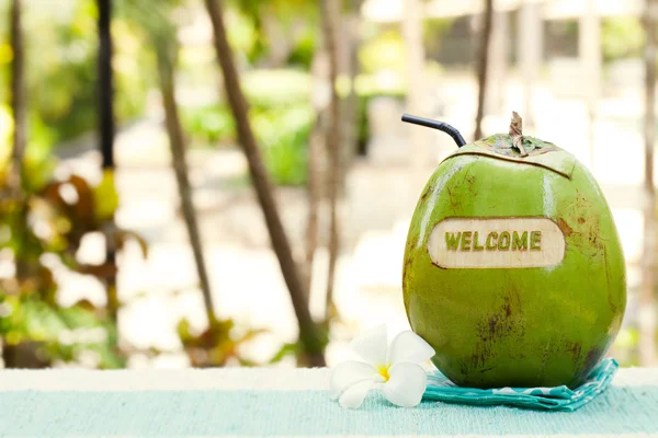 Green coconut with carving welcome on a swimming pool summer background Copy space