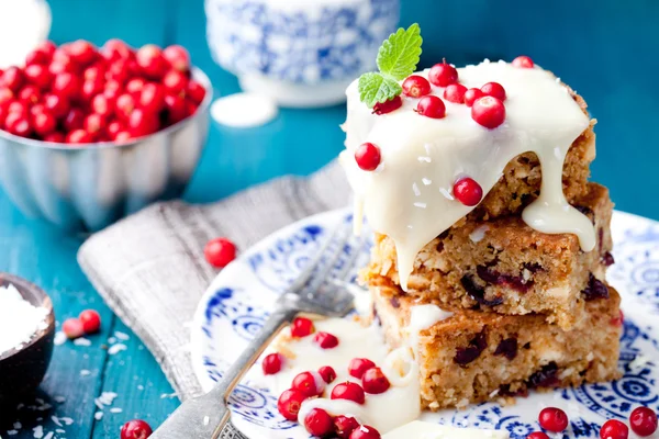 White chocolate cake, blondie, brownie with cranberry and coconut