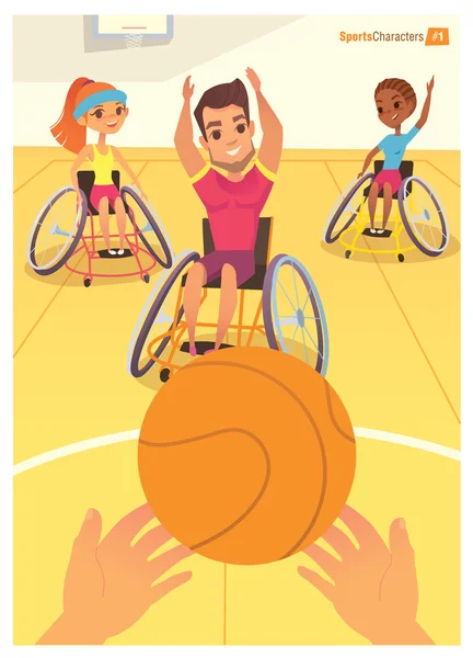Handisport. Boys and girls in wheelchairs playing baysball in a school gym. Handicap First-person view. Caring for the disabled people children. Medical rehabilitation concept.