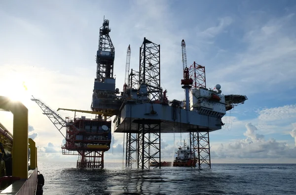 Offshore construction platform for production oil and gas, Oil and gas industry and hard work,Production platform and operation process by manual and auto function, oil and rig industry and