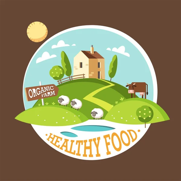 Spring and summer landscape, farm landscape, rural scenery. Organic farm. Healthy food. Vector illustration.