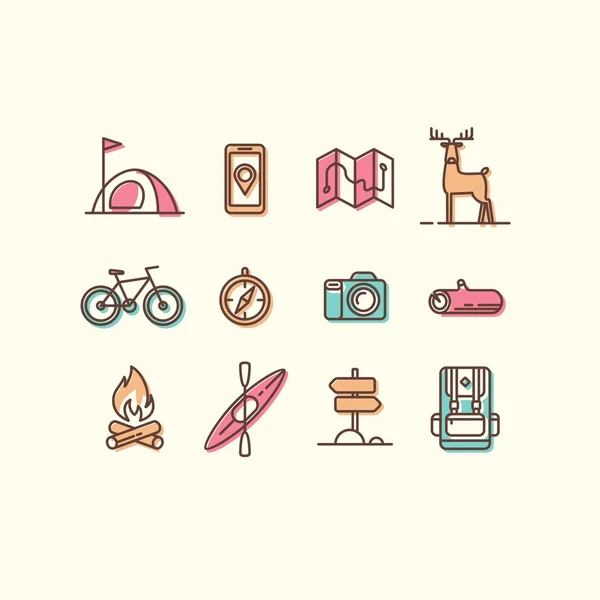 Set of line vector icons on the theme of hiking, vacation, camping, adventure, extreme sports, outdoor recreation.
