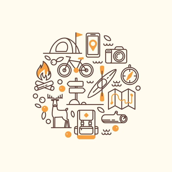 Vacation, camping, hiking, adventure, extreme sports, outdoor recreation, wilderness collection. Camping and hiking equipment. Set of line vector icons.