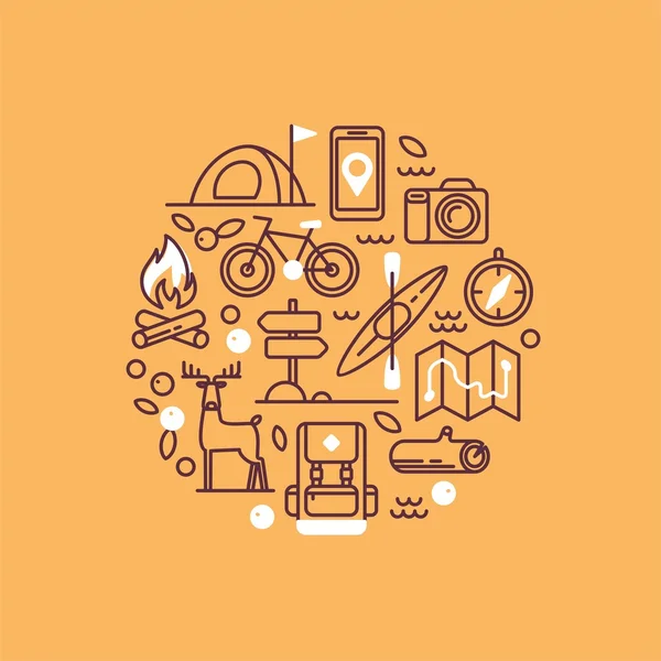 Vacation, camping, hiking, adventure, extreme sports, outdoor recreation, wilderness collection. Camping and hiking equipment. Set of line vector icons.