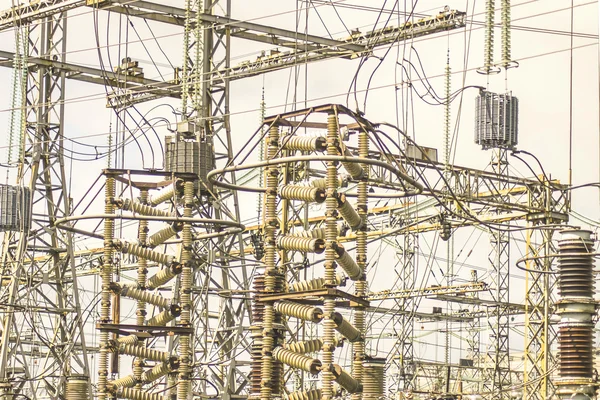 High voltage power plant on sky background