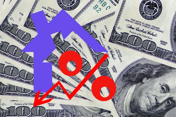 Red percent sign on a background of money .